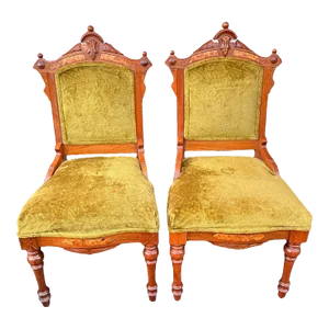 Early 20th Century Antique Hand-Carved Eastlake Victorian Style Avocado Green Velvet Chairs, Set of 2