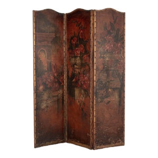 Vintage Spanish Baroque Painted Leather Folding Screen For Sale