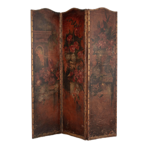 Vintage Spanish Baroque Painted Leather Folding Screen