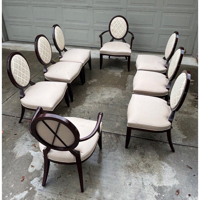 DESCRIPTION: Very nice set of eight dining chairs (2 captains and 6 side) designed by Barbara Barry for Baker Furniture...