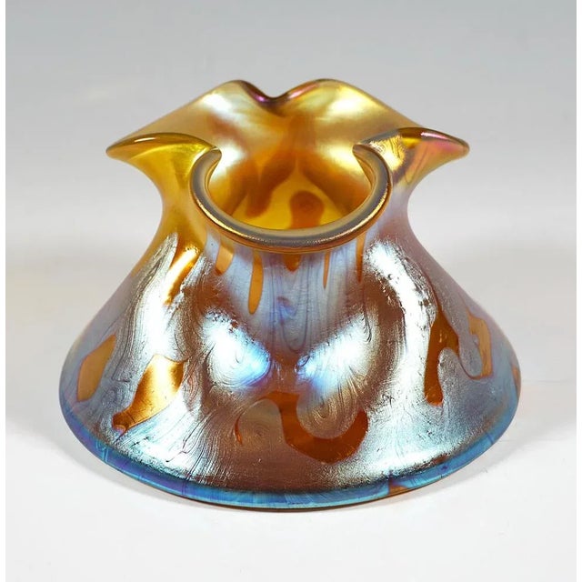 Finest bohemian art nouveau glass vase: in shape blown low, cambered body on a large, round floor plan, triple indented...