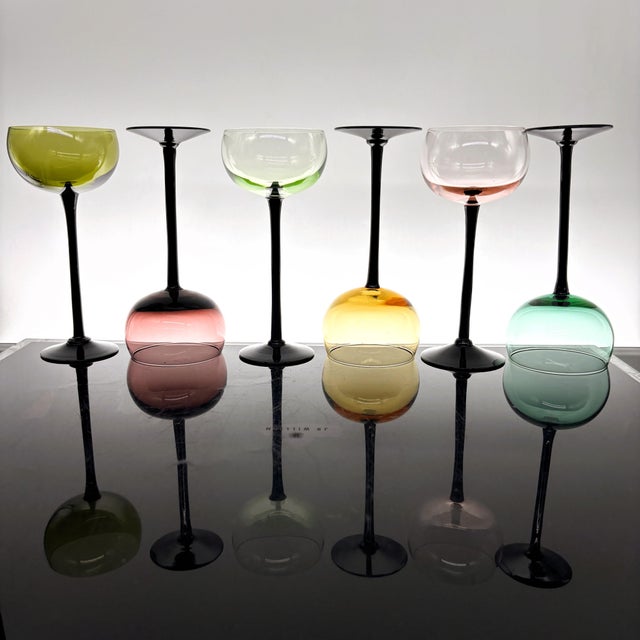 Set of Six Black Stem Colored Cocktail Glasses, Circa 1980s For Sale - Image 4 of 12