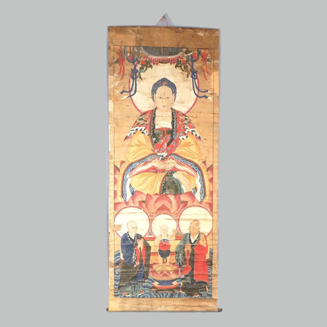19th Century Large Antique Chinese Deity Scroll Painting 19th Century For Sale - Image 5 of 12