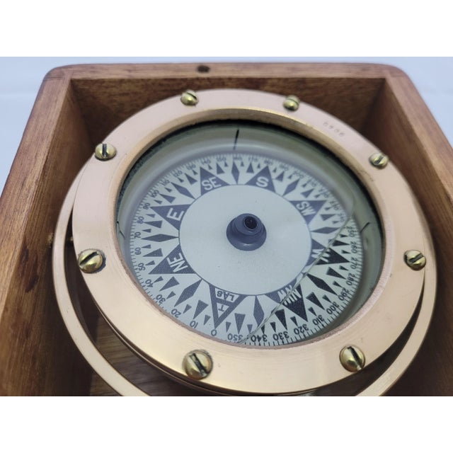 Brass Brass Boat Compass in Varnished Wood Box For Sale - Image 8 of 10