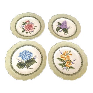 Early 21st Century Sage Green With Flowers “Vintage Garden” Plates- Set of 4 For Sale