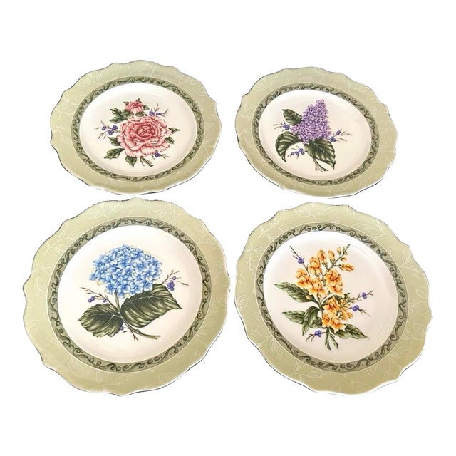 Early 21st Century Sage Green With Flowers “Vintage Garden” Plates- Set of 4 For Sale