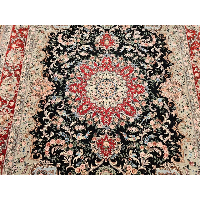 Vintage Persian Tabriz Rug, Hand-Knotted Wool & Silk, Floral Garden Pattern, Black & Red, 8x10 For Sale - Image 16 of 18