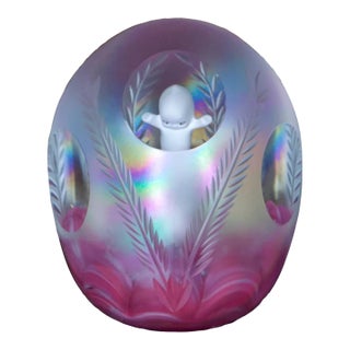 Joe St. Clair Iridescent Glass Kewpie Doll Sulfide Paperweight – Etched Triple Cut Window, Pink Cloud For Sale