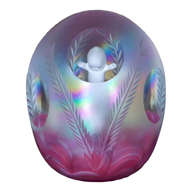 Joe St. Clair Iridescent Glass Kewpie Doll Sulfide Paperweight – Etched Triple Cut Window, Pink Cloud For Sale