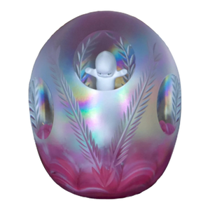 Joe St. Clair Iridescent Glass Kewpie Doll Sulfide Paperweight – Etched Triple Cut Window, Pink Cloud
