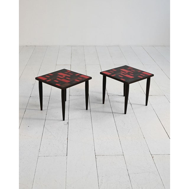 Set of two coffee tables with ceramic mosaic tops and wooden frames. Made in Japan in the 1960s. A pair of coffee tables...
