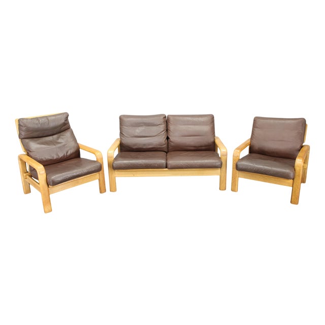 Danish Oak and Leather Living Room Set by L. Olsen & Søn, 1970s, Set of 3 For Sale