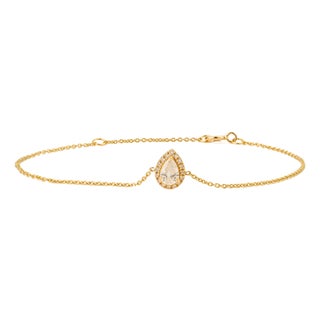 Minimalist Pear Cut Diamond Halo Solitaire Chain Bracelet in 14k Yellow Gold For Sale