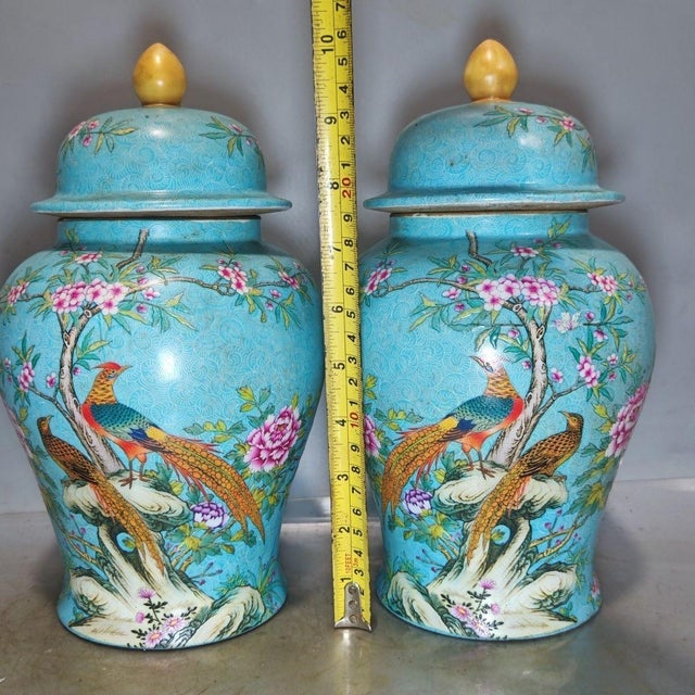 Mid 20th Century Pair of Chinese Enameled Porcelain Temple Jars | Turquoise Ground Pheasant & Floral Motif For Sale - Image 5 of 9