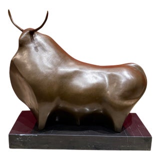 Mid 20th Century Bronze Bull Sculpture on Marble Base For Sale