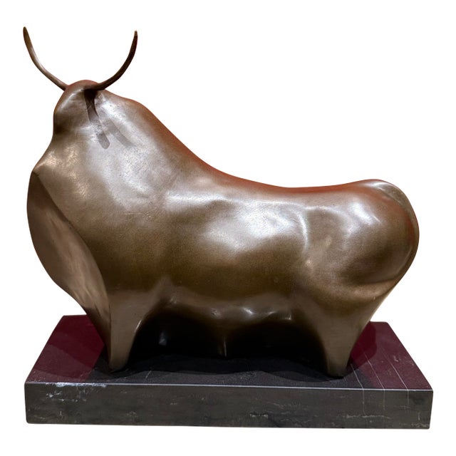 Mid 20th Century Bronze Bull Sculpture on Marble Base For Sale