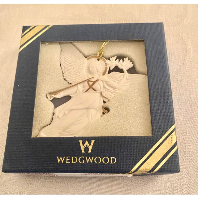 Wedgwood Vintage Wedgwood White Angel Ornament, Featuring a Gold-Toned Horn, 22k Gold Accents, and Its Original Blue Gift Box. For Sale - Image 4 of 14