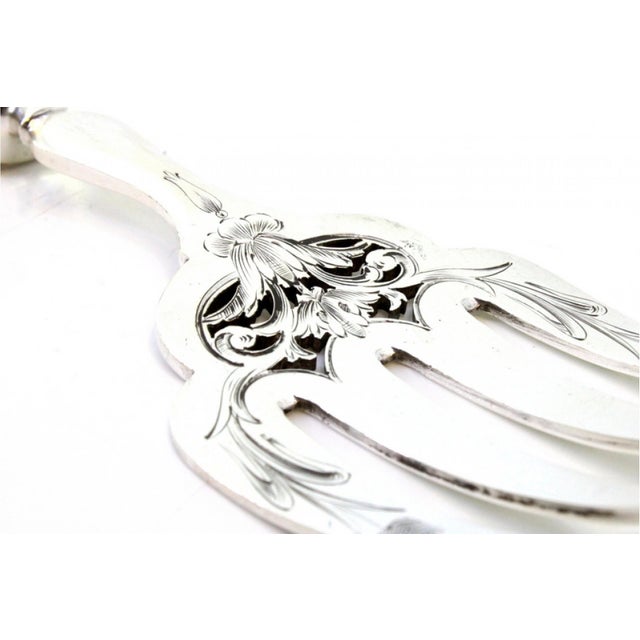 Silver Fish Serving Fork with Reliefs, Engravings, Monogram Card and Guilloche Handle For Sale - Image 5 of 8
