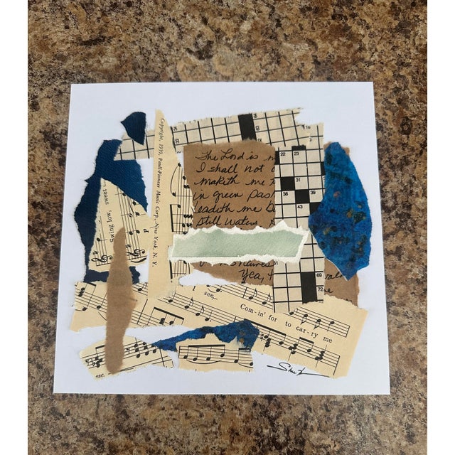 This contemplative collage layers vintage hymn sheet music, handwritten scripture, and crossword fragments with hand-...