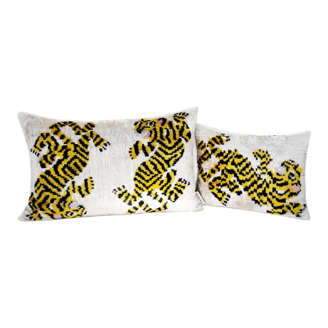 Contemporary Tiger Print Velvet Throw Pillows + Down Insert- Set of 2 For Sale