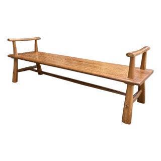 Andrianna Shamaris Midcentury Couture Teak Wood Bench with Arms For Sale