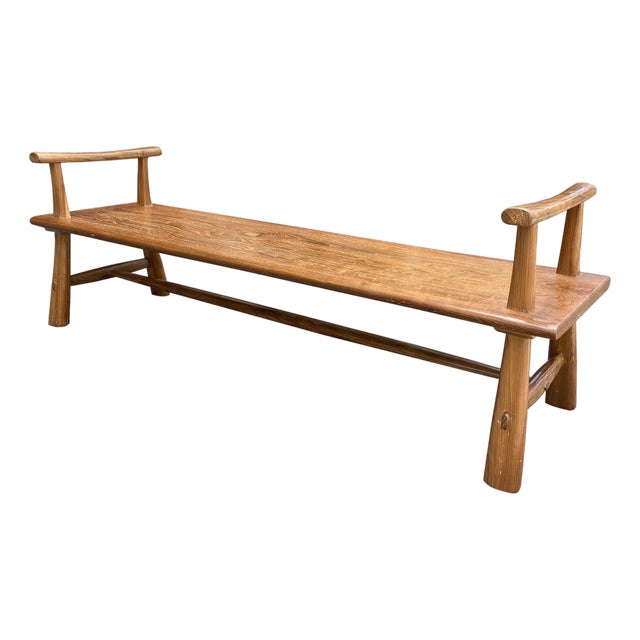 Andrianna Shamaris Midcentury Couture Teak Wood Bench with Arms For Sale