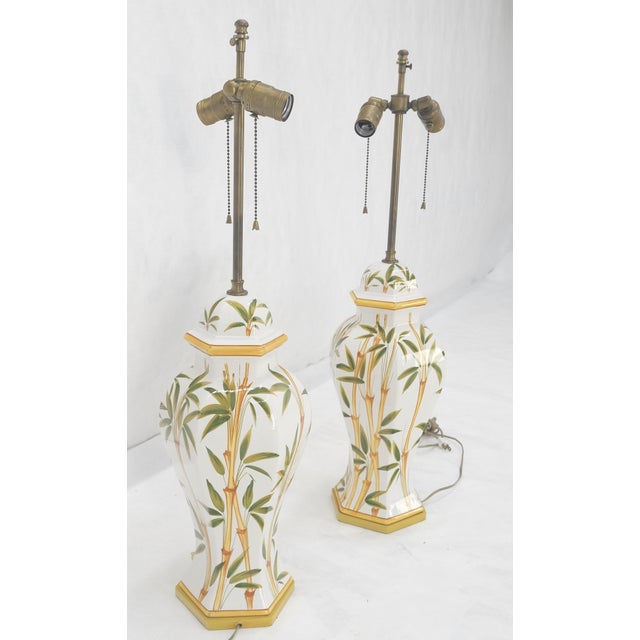 1970s Pair of Porcelain Pottery Ceramic Hexagon Base Onion Shape Lamps Bamboo Motive For Sale - Image 5 of 12