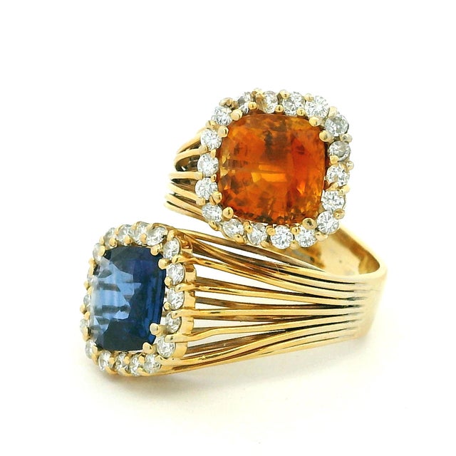 Blue Italian Modernist 18k Gold Blue & Orange Sapphire Diamond Bypass Ring, Circa 1980, Size 7.75 For Sale - Image 8 of 11