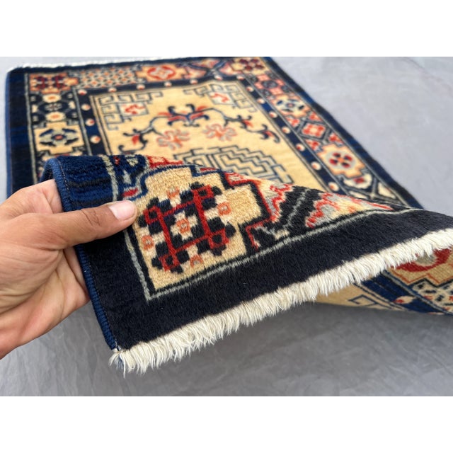 Cream Vintage Chinese Hand-Knotted Wool Rug Art Deco Medallion Design in Navy and Cream Rug For Sale - Image 8 of 10