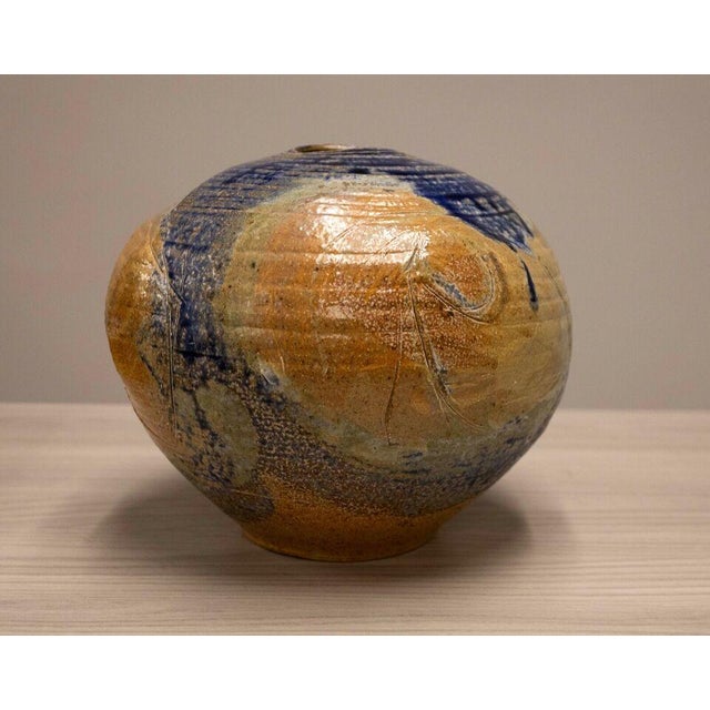 Mid Century Modern Glazed Studio Pottery Vessel Cobalt Blue with Earth Tones For Sale - Image 4 of 9