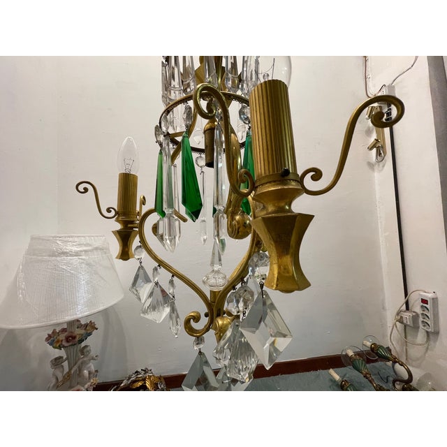 Gold Brass and Green Crystal Chandelier, 1960s For Sale - Image 8 of 12