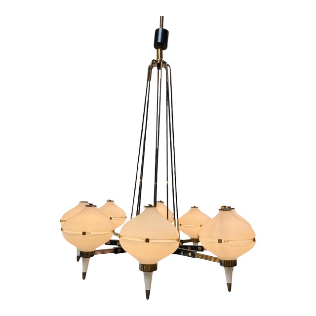 Stilnovo Opaline Glass Chandelier With Brass & Black Accents 1950's For Sale
