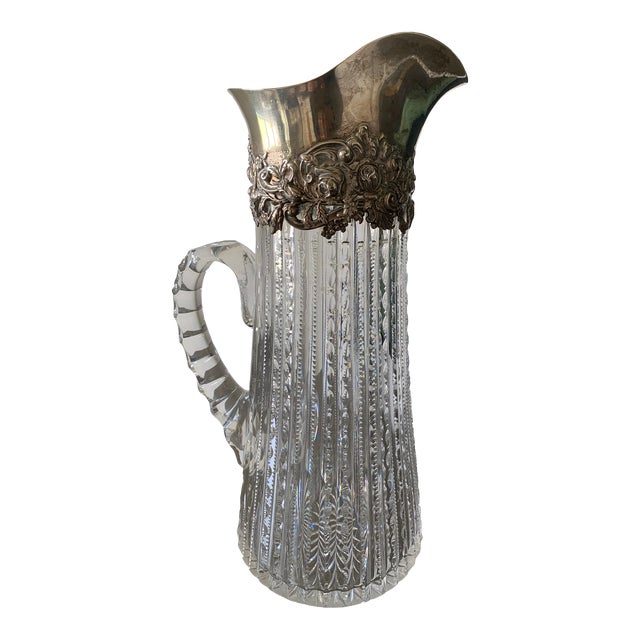 Antique j.e. Caldwell & Co Large Crystal & Sterling Silver Mounted Pitcher For Sale