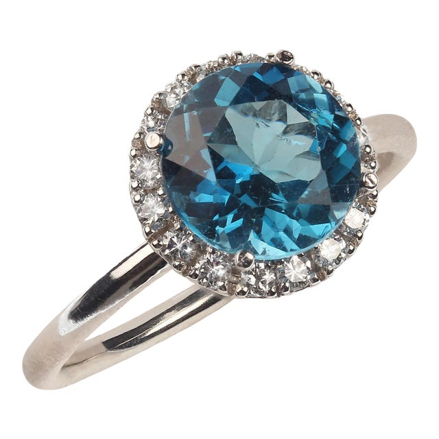 Blue Topaz and Diamond 14k White Gold Ring Size 6.5 For Sale