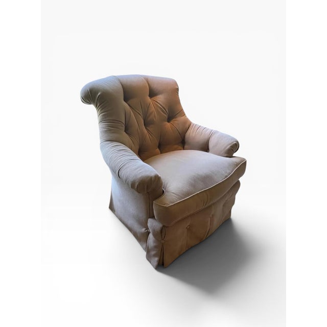 Taupe Tufted Swivel Club Chair in Taupe Denim-Style Fabric For Sale - Image 8 of 11
