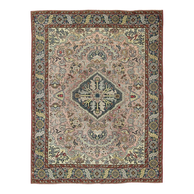 1930s Large Oushak Rug With Floral Design in Pink and Steel Blue For Sale