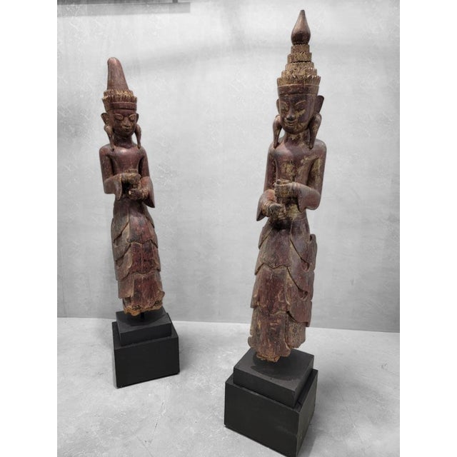 Traditional Antique Carved Burmese Monastic Attendant on Pedestal Base - Set of 2 For Sale - Image 3 of 11