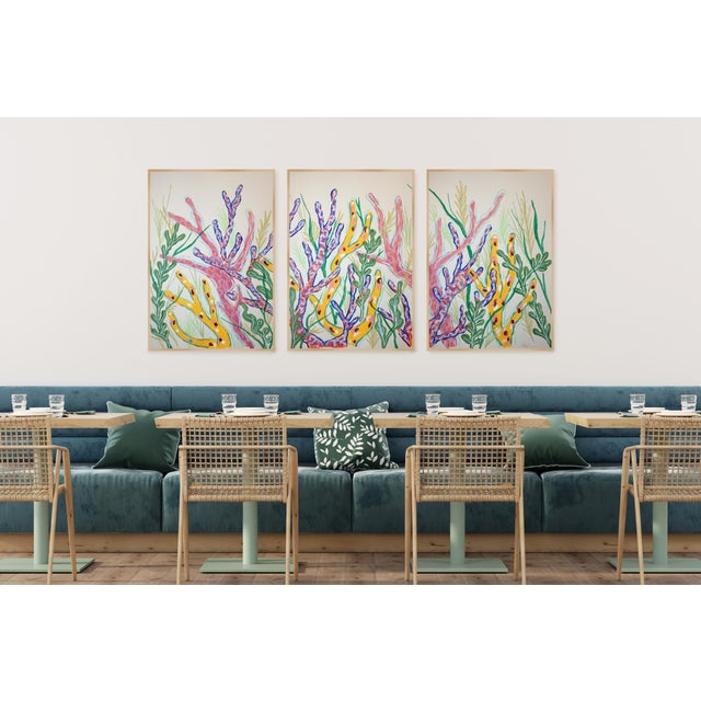 This beautiful marine triptych evokes an abstract coral garden, where branching forms of subtle tones suggest coral growth...