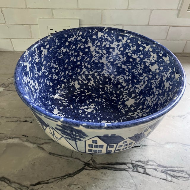 Nautical Shard of Maine “Coastal Village” Blue and White Spongeware and Nautical Serving Bowl For Sale - Image 3 of 6