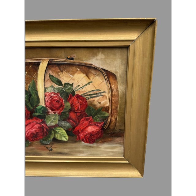 Wood Antique Victorian Still Life Oil Painting on Canvas Basket of Roses With Bees For Sale - Image 7 of 8
