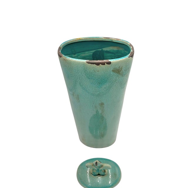 Large Crackle Glaze Turquoise Fleur-De-Lis Lidded Jar For Sale In New York - Image 6 of 7