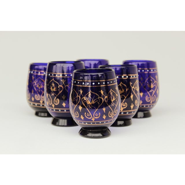 Italian Drinking Cups in Cobalt Blue Glass with Gilt Decor, 1960s, Set of 6 For Sale - Image 3 of 7