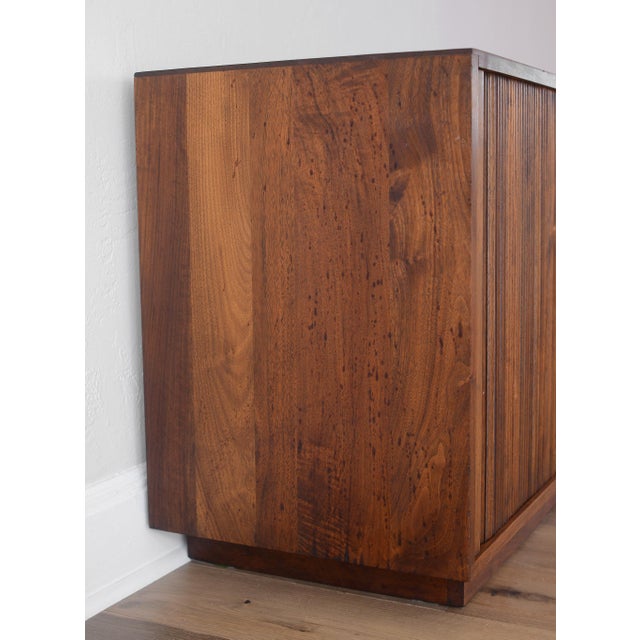 Mid Century Danish Modern Walnut Cabinet With Tambour Doors on Plinth Base For Sale - Image 9 of 12