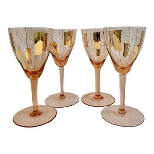 Mid Century Modern Hand Blown Pink and Gold Cordials or Wine Glasses - A Set of 4