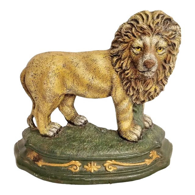 Vintage Cast Iron Heavy Whimsical Lion Door Stop For Sale