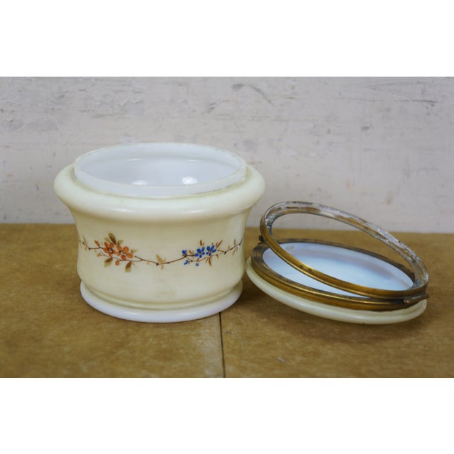 Antique French Victorian Painted Floral Opaline Glass Vanity Jar Casket 5" For Sale - Image 12 of 14