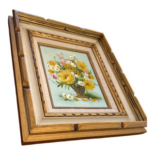Vintage Framed Floral Still Life Oil Painting With Deep Carved Frame For Sale