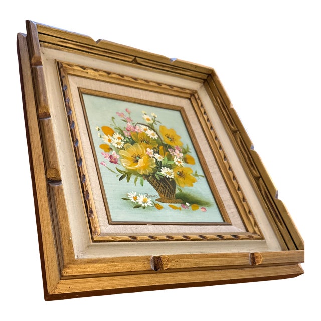 Vintage Framed Floral Still Life Oil Painting With Deep Carved Frame For Sale