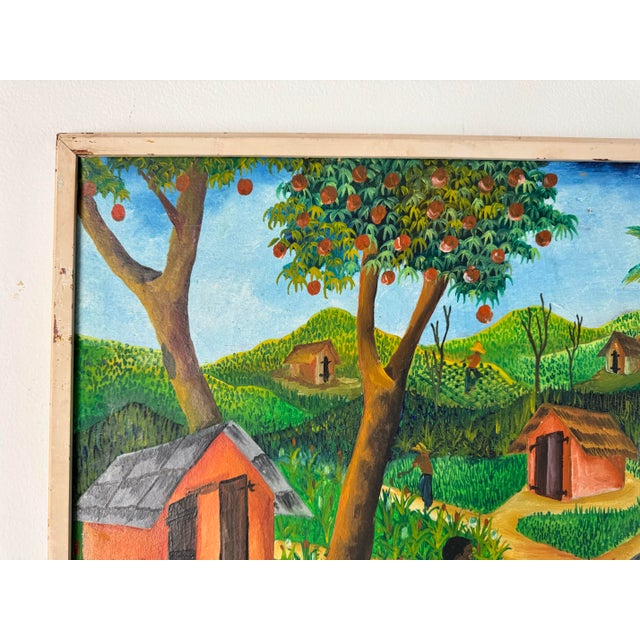 Wood 1970s Vintage Haitian Folk Art Landscape Oil Painting by F. Faramon For Sale - Image 7 of 12