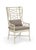 asian inspired rattan wing chair,white finish with gray glaze. cushion fabric is nubby gray velour.